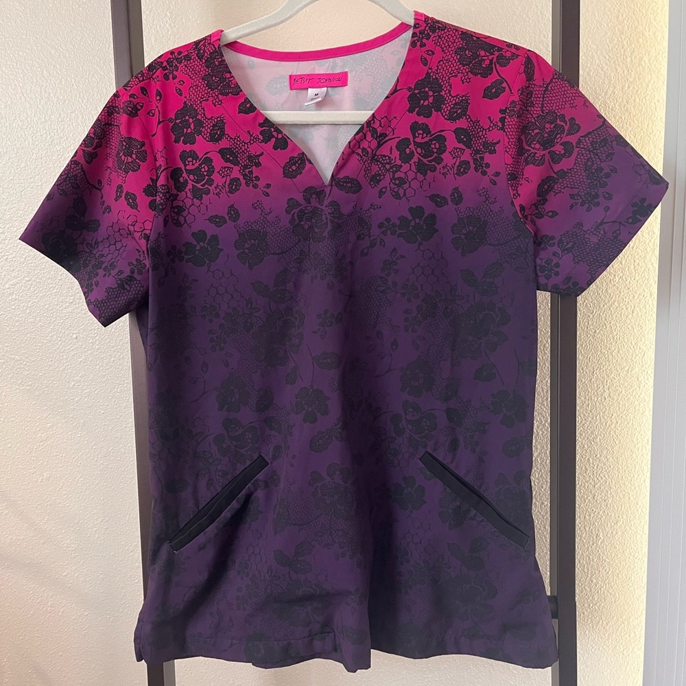 Betsey Johnson Pink to Purple Ombre Floral V-Neck Scrub Top